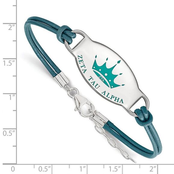 Sterling Silver Zeta Tau Alpha Enamel Teal Leather Bracelet - 7 in. - Picture 2 of 4